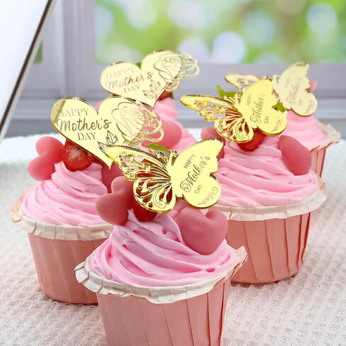 24 قطعة من أغطية الكب كيك لعيد الأم السعيد، أكريليك مرآة ذهبية، تصميمات فراشة وقلب وردي، 2.16 × 1.57 بوصة و2.20 × 1.77 بوصة in Kuwait