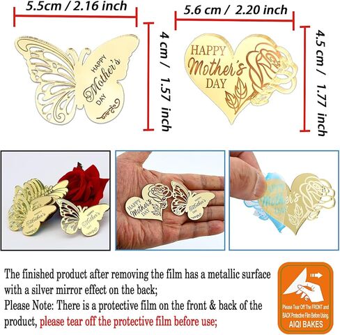 24 قطعة من أغطية الكب كيك لعيد الأم السعيد، أكريليك مرآة ذهبية، تصميمات فراشة وقلب وردي، 2.16 × 1.57 بوصة و2.20 × 1.77 بوصة in Kuwait