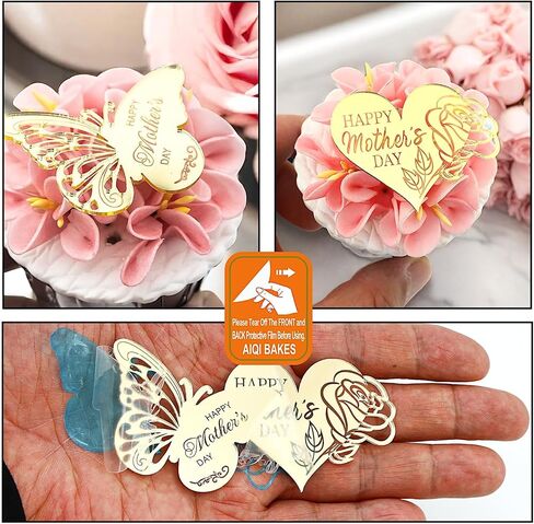 24 قطعة من أغطية الكب كيك لعيد الأم السعيد، أكريليك مرآة ذهبية، تصميمات فراشة وقلب وردي، 2.16 × 1.57 بوصة و2.20 × 1.77 بوصة in Kuwait