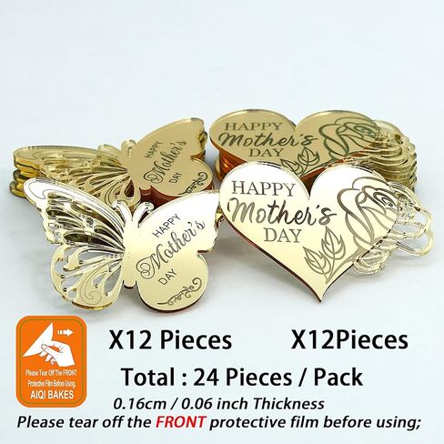 24 قطعة من أغطية الكب كيك لعيد الأم السعيد، أكريليك مرآة ذهبية، تصميمات فراشة وقلب وردي، 2.16 × 1.57 بوصة و2.20 × 1.77 بوصة in Kuwait