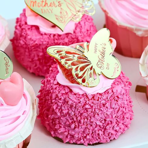 24 قطعة من أغطية الكب كيك لعيد الأم السعيد، أكريليك مرآة ذهبية، تصميمات فراشة وقلب وردي، 2.16 × 1.57 بوصة و2.20 × 1.77 بوصة in Kuwait