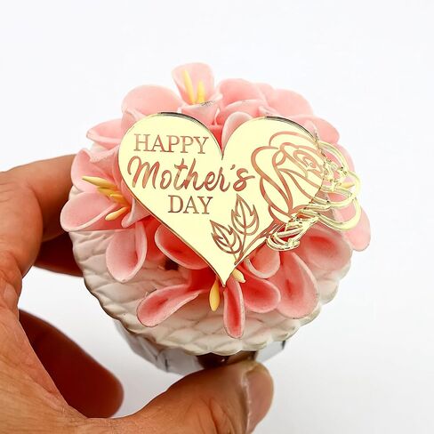 24 قطعة من أغطية الكب كيك لعيد الأم السعيد، أكريليك مرآة ذهبية، تصميمات فراشة وقلب وردي، 2.16 × 1.57 بوصة و2.20 × 1.77 بوصة in Kuwait