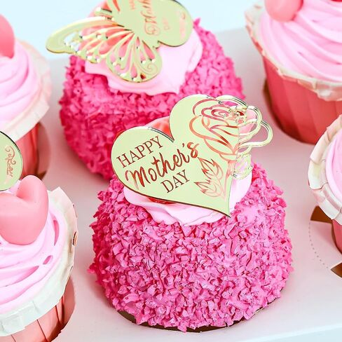 24 قطعة من أغطية الكب كيك لعيد الأم السعيد، أكريليك مرآة ذهبية، تصميمات فراشة وقلب وردي، 2.16 × 1.57 بوصة و2.20 × 1.77 بوصة in Kuwait