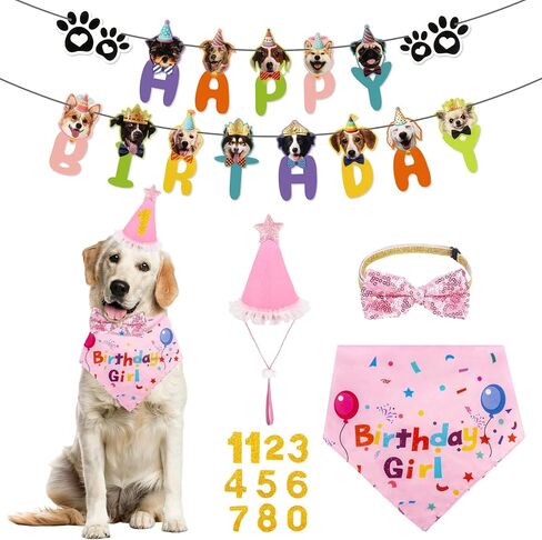 Dog Birthday Bandana for Medium Large Dogs, Dog Birthday Banner Numbers Hat Bow Tie for Dog Party Decorations, Pink in Kuwait