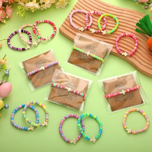 Landical 24 Pcs Easter Cross Friendship Bracelets with Motivational Cards Easter Gifts for Women Bulk Basket Stuffer Cute Cross Party Favors Egg Fillers Friendship Jewelry Set in Kuwait