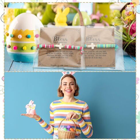 Landical 24 Pcs Easter Cross Friendship Bracelets with Motivational Cards Easter Gifts for Women Bulk Basket Stuffer Cute Cross Party Favors Egg Fillers Friendship Jewelry Set in Kuwait