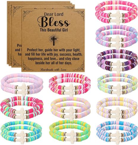 Landical 24 Pcs Easter Cross Friendship Bracelets with Motivational Cards Easter Gifts for Women Bulk Basket Stuffer Cute Cross Party Favors Egg Fillers Friendship Jewelry Set in Saudi Arabia