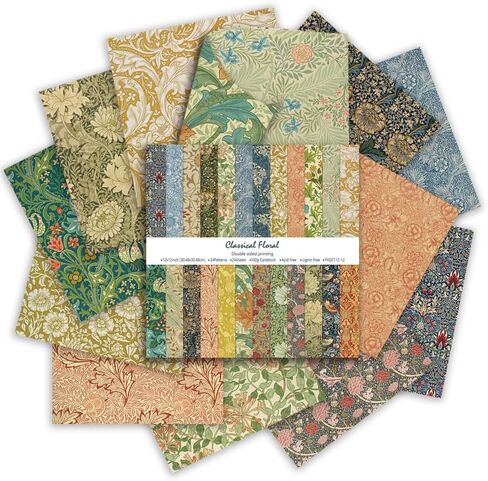 Floral Scrapbook Paper 12x12 – 24 Sheets Double-Sided Vintage Scrapbook Paper Pad, William Morris Style Aesthetic Patterned Papers for Heritage Albums, Junk Journaling & Crafts (Mustard, Indigo & Red) in Saudi Arabia