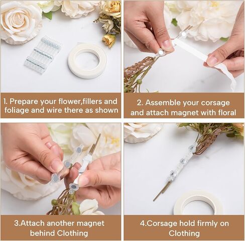 16 Pieces Floral Boutonniere Magnets Corsage Brooches Magnet and Elastic Pearl Wrist Bands Wristlets Corsage Transparent Tape Accessories for Handmade Wedding Prom Bride Boutonnieres in Saudi Arabia