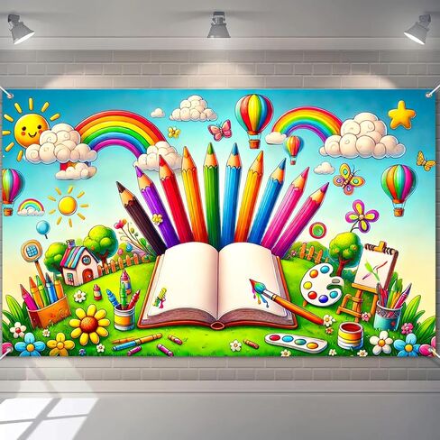 Back to School Banner 71x43 Inch Polyester School Supplies Decoration with Rainbow Pencils Crayons Paint Brushes Balloons for Classroom and Kids Room Decor in Saudi Arabia