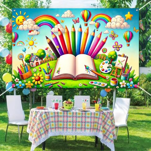 Back to School Banner 71x43 Inch Polyester School Supplies Decoration with Rainbow Pencils Crayons Paint Brushes Balloons for Classroom and Kids Room Decor in Saudi Arabia