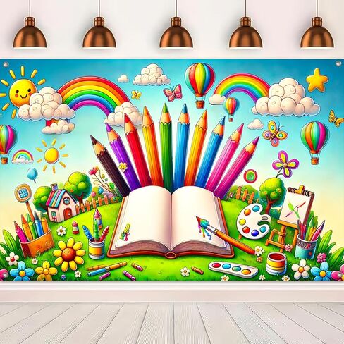 Back to School Banner 71x43 Inch Polyester School Supplies Decoration with Rainbow Pencils Crayons Paint Brushes Balloons for Classroom and Kids Room Decor in Saudi Arabia