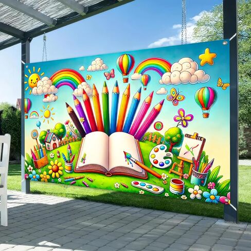 Back to School Banner 71x43 Inch Polyester School Supplies Decoration with Rainbow Pencils Crayons Paint Brushes Balloons for Classroom and Kids Room Decor in Saudi Arabia