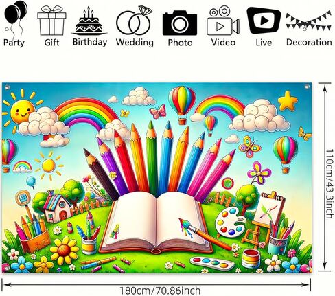 Back to School Banner 71x43 Inch Polyester School Supplies Decoration with Rainbow Pencils Crayons Paint Brushes Balloons for Classroom and Kids Room Decor in Saudi Arabia