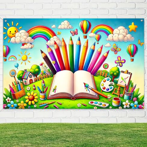 Back to School Banner 71x43 Inch Polyester School Supplies Decoration with Rainbow Pencils Crayons Paint Brushes Balloons for Classroom and Kids Room Decor in Saudi Arabia