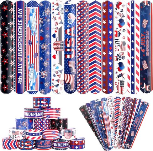 MGparty 4th of July Accessories, 48PCS Patriotic Slap Bracelets Toys for Kids, Fourth of July Decorations Party Favors Memorial Day Supplies Classroom Prizes Gifts Accessories in Saudi Arabia