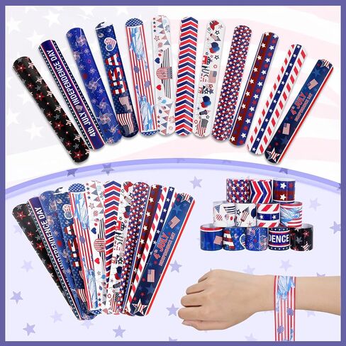 MGparty 4th of July Accessories, 48PCS Patriotic Slap Bracelets Toys for Kids, Fourth of July Decorations Party Favors Memorial Day Supplies Classroom Prizes Gifts Accessories in Saudi Arabia