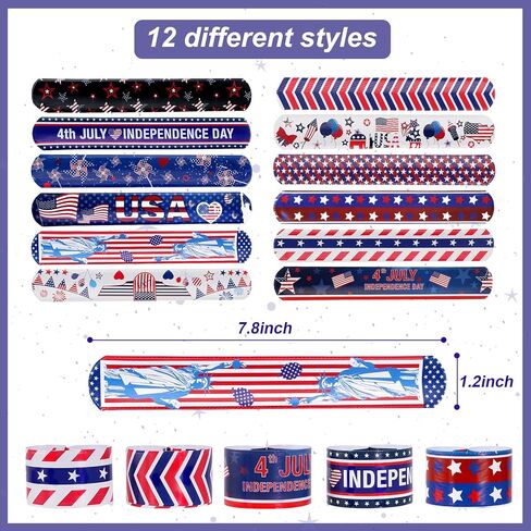 MGparty 4th of July Accessories, 48PCS Patriotic Slap Bracelets Toys for Kids, Fourth of July Decorations Party Favors Memorial Day Supplies Classroom Prizes Gifts Accessories in Saudi Arabia