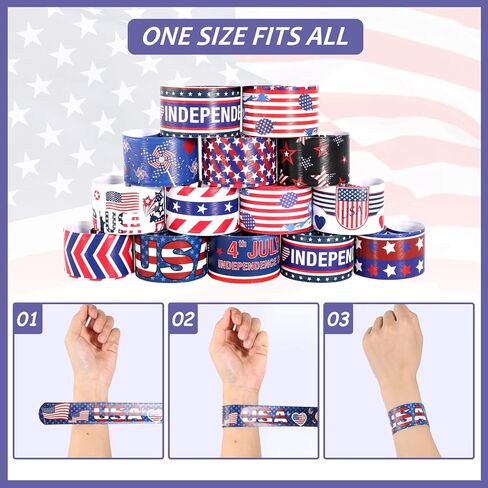 MGparty 4th of July Accessories, 48PCS Patriotic Slap Bracelets Toys for Kids, Fourth of July Decorations Party Favors Memorial Day Supplies Classroom Prizes Gifts Accessories in Saudi Arabia