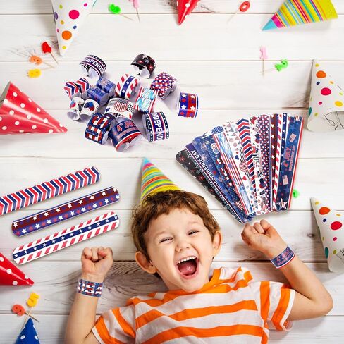 MGparty 4th of July Accessories, 48PCS Patriotic Slap Bracelets Toys for Kids, Fourth of July Decorations Party Favors Memorial Day Supplies Classroom Prizes Gifts Accessories in Saudi Arabia