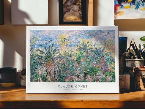 قماش ملصق Master Claude Monet - طباعة أشجار النخيل في بورديغيرا - فن السماء باللونين الأزرق والوردي - هدية مجردة للفنان والصديق - ديكور جداري جمالي للمنزل والمكتب - قماش ملفوف مقاس 8 × 10 in Saudi Arabia