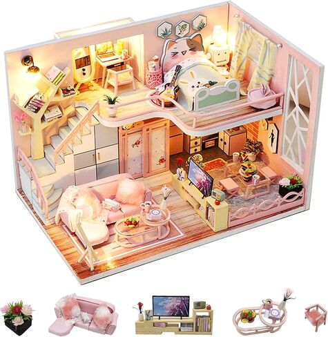 مجموعة أدوات إنشاء منزل دمى مصغر من فليفر مع الأثاث والغطاء الزجاجي للهدايا الفنية الرومانسية (وعد زهرة الكرز) in Kuwait