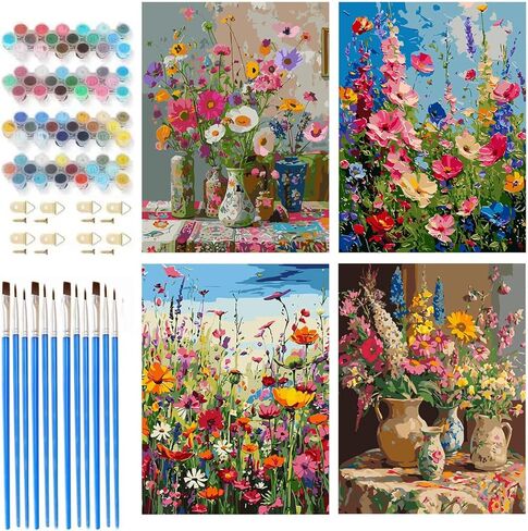 croshom 4 Packs Paint by Numbers Kit for Adults - Adult Paint by Number Kits, Flowers Painting by Numbers, Acrylic Crafts for Home Decor 11.8x15.7inch in Saudi Arabia
