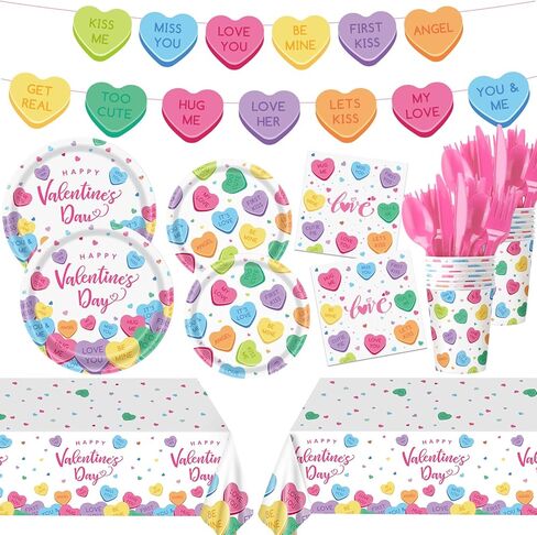 Remerry 403 Pcs Valentine's Day Party Supplies for 50, Conversation Heart Valentines Paper Plates Napkins Cups Cutlery Tablecloth Banner for Galentine's Day Engagements Anniversary Party Supplies in Saudi Arabia