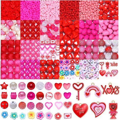 1645PCS+ Valentine’s Day Beads for Jewelry Making Pink Red Rose Red Heishi Pearl Heart Letter Round Loose Beads with Love Heart Key Rainbow XOXO Pendants for DIY Necklace Bracelets Making Kit in Saudi Arabia