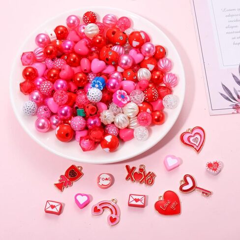 1645PCS+ Valentine’s Day Beads for Jewelry Making Pink Red Rose Red Heishi Pearl Heart Letter Round Loose Beads with Love Heart Key Rainbow XOXO Pendants for DIY Necklace Bracelets Making Kit in Saudi Arabia