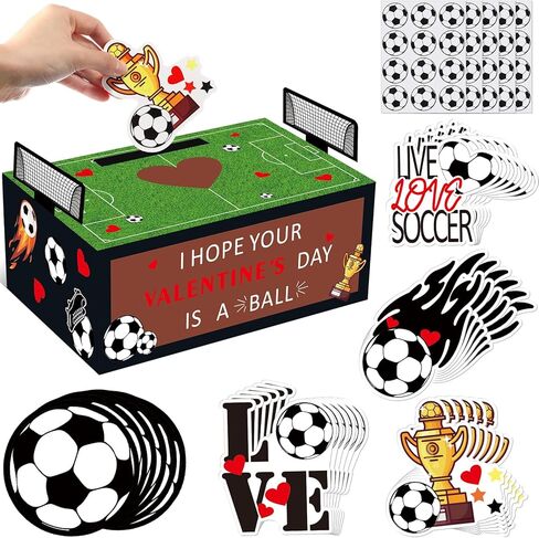 Tenceur Soccer Valentine's Card Mailbox Craft Kit Card Box with 36 Pcs Cards 5 Stickers for Football Exchange Game Kit Soccer Field Cardboard Box Valentine's Day Party Favors Set in Saudi Arabia