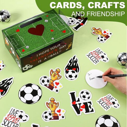 Tenceur Soccer Valentine's Card Mailbox Craft Kit Card Box with 36 Pcs Cards 5 Stickers for Football Exchange Game Kit Soccer Field Cardboard Box Valentine's Day Party Favors Set in Saudi Arabia