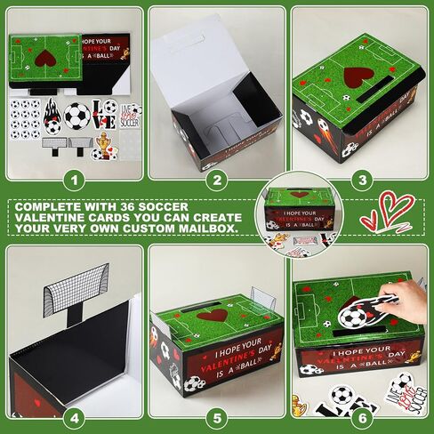 Tenceur Soccer Valentine's Card Mailbox Craft Kit Card Box with 36 Pcs Cards 5 Stickers for Football Exchange Game Kit Soccer Field Cardboard Box Valentine's Day Party Favors Set in Saudi Arabia