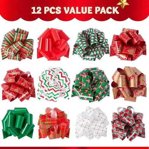 JOYIN 12 PCS Christmas Pull Bows, 5" Wide Wrapping Bows for Christmas Decoration Present, Wrapping Gift, Baskets, Wine Bottles Decoration, Xmas Gift Tags and Decoration Present in Saudi Arabia