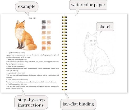 Easy Watercolor Workbook for Beginners – Animals, 16 Original Watercolor Paintings, 9.45 × 7.48 inches Lay-Flat Watercolor Paper Book, Watercolor Workbook for Adults, Great Art Gift in Saudi Arabia