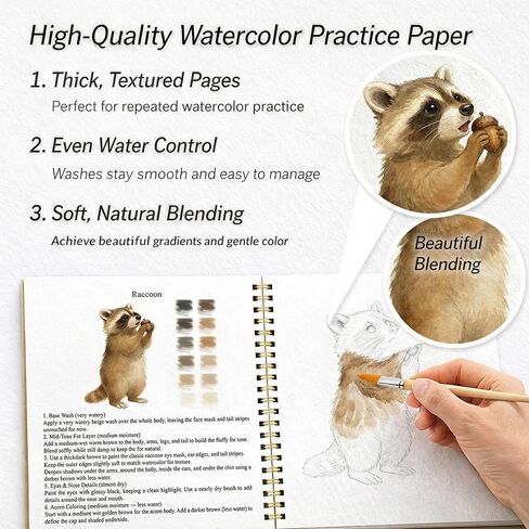 Easy Watercolor Workbook for Beginners – Animals, 16 Original Watercolor Paintings, 9.45 × 7.48 inches Lay-Flat Watercolor Paper Book, Watercolor Workbook for Adults, Great Art Gift in Saudi Arabia