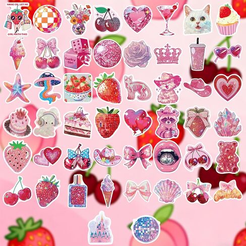 50 PCS Holographic Aesthetic Stickers,Pink Cute Stickers for Scrapbooking Journaling Water Bottles,Waterproof Vinyl Coquette Art Decals for Bullet Journals Junk Journal Planner DIY Crafts Party Favors in Saudi Arabia