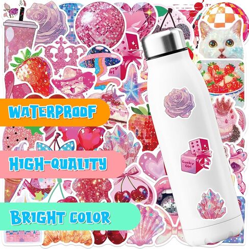50 PCS Holographic Aesthetic Stickers,Pink Cute Stickers for Scrapbooking Journaling Water Bottles,Waterproof Vinyl Coquette Art Decals for Bullet Journals Junk Journal Planner DIY Crafts Party Favors in Saudi Arabia