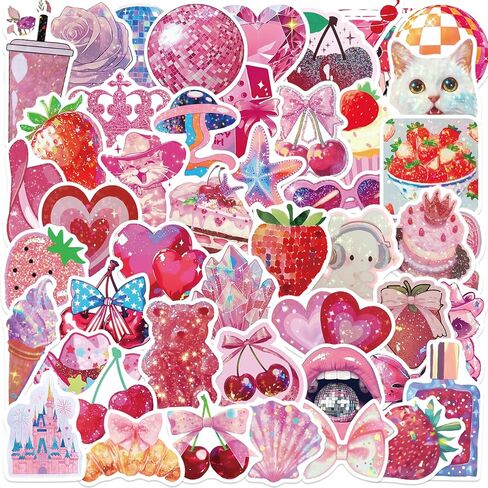 50 PCS Holographic Aesthetic Stickers,Pink Cute Stickers for Scrapbooking Journaling Water Bottles,Waterproof Vinyl Coquette Art Decals for Bullet Journals Junk Journal Planner DIY Crafts Party Favors in Saudi Arabia