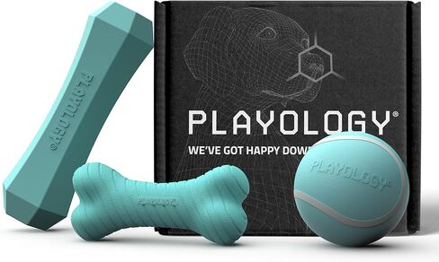 Playology Dog Toys | Variety Gift Box Set of Toys for Large Dogs | Jumbo Peanut Butter Scented Dual Layer Bone, Squeaky Chew Ball, and Chew Stick - Easy to Clean and Made from Non Toxic Material in Saudi Arabia
