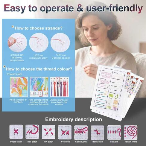 XuZBDia 18CT Checkered Embroidered Fabric Stitch Book,12 Pages Water Soluble Printing Pattern Embroidery Book Embroidery，Gifts That Can Be Given to Women in Saudi Arabia