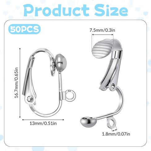 50 Pcs Clip-on Earrings Findings Easy Open Clip-On Earring Backs Non-Piercing Earrings Ear Clips Stainless Steel Clips On Earring Converter DIY Clipes for Jewelry Making Silver (16mm) in Saudi Arabia
