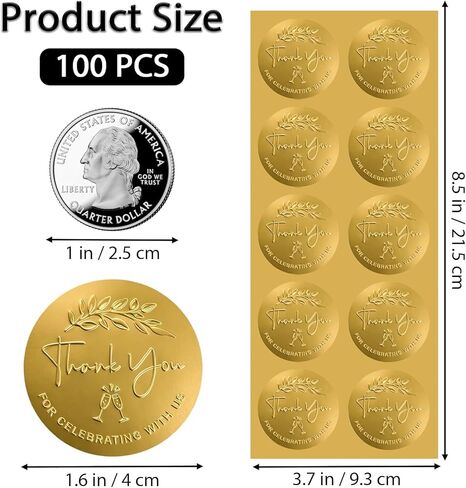 100 Pcs Thank You for Celebrating with Us Stickers 1.6 Inch Personalized Embossed Gold Foil Labels for Small Business Wedding Party Favors in Saudi Arabia
