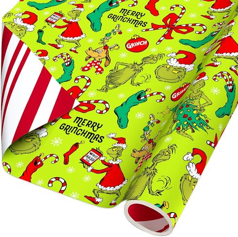 American Greetings Grinch Christmas Wrapping Paper Roll for Kids, Green and Red Holiday Gift Wrap (40 sq. ft., 1 Reversible Roll) Merry Grinchmas, Max, Grinch Christmas Tree in Saudi Arabia