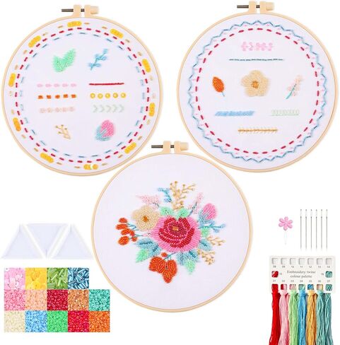 Harimau Bead Embroidery Kit for Adults, with Red and Pink Flowers, DIY Kit Includes Embroidery Beads, Thread, Stitch Book & Tambour Tools, Perfect Set for Starters in Saudi Arabia