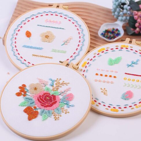 Harimau Bead Embroidery Kit for Adults, with Red and Pink Flowers, DIY Kit Includes Embroidery Beads, Thread, Stitch Book & Tambour Tools, Perfect Set for Starters in Saudi Arabia