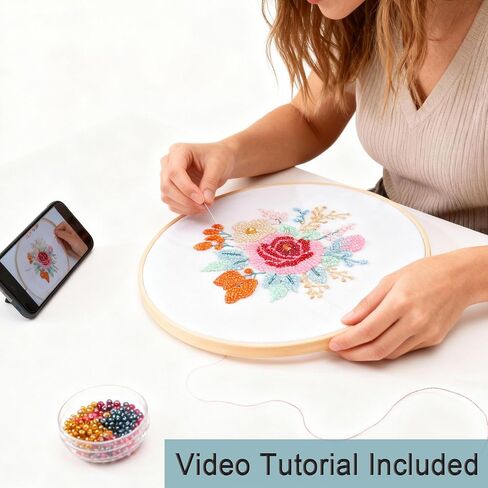 Harimau Bead Embroidery Kit for Adults, with Red and Pink Flowers, DIY Kit Includes Embroidery Beads, Thread, Stitch Book & Tambour Tools, Perfect Set for Starters in Saudi Arabia