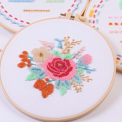 Harimau Bead Embroidery Kit for Adults, with Red and Pink Flowers, DIY Kit Includes Embroidery Beads, Thread, Stitch Book & Tambour Tools, Perfect Set for Starters in Saudi Arabia