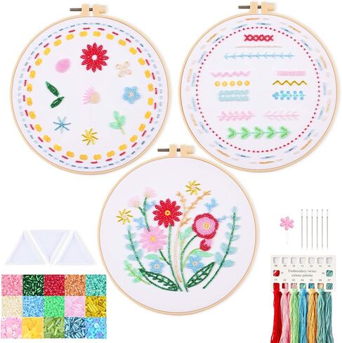 Harimau Bead Embroidery Kit for Adults, with Red and Pink Flowers, DIY Kit Includes Embroidery Beads, Thread, Stitch Book & Tambour Tools, Perfect Set for Starters in Saudi Arabia