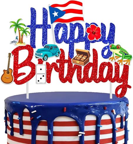 Puerto Rico Cake Topper Glitter Puerto Rican Theme Birthday Party Decoration Puerto Rican Cake Decorations Frog Cigar Vintage Car Cake Picks for National Day Patriotic Festival Supplies in Saudi Arabia